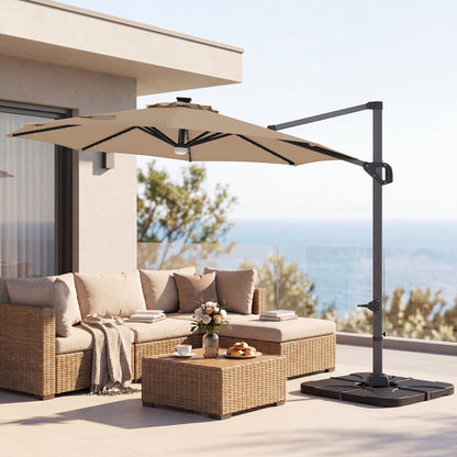 Beige 10 ft cantilever patio umbrella with solar LED lights and heavy 220 lbs base, ideal for outdoor shade and relaxation.