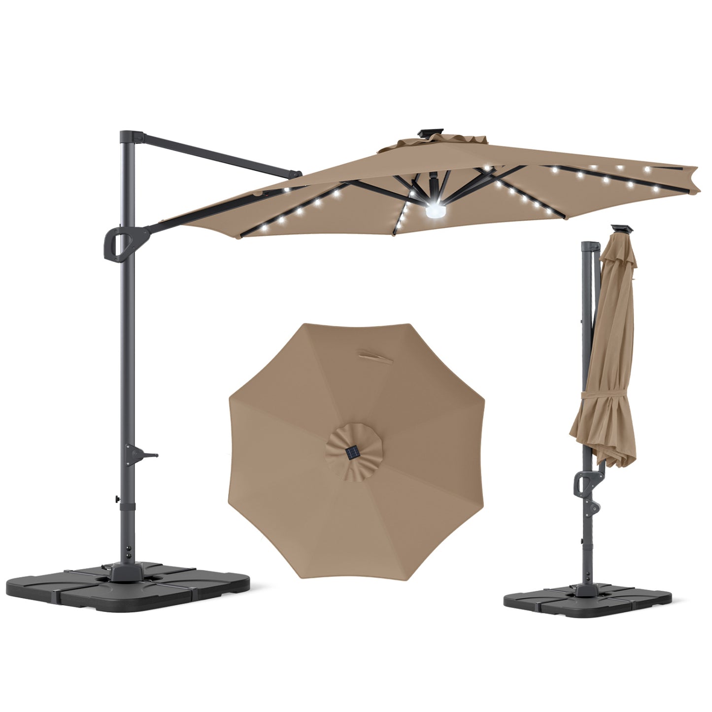 Beige 10 ft cantilever patio umbrella with solar LED lights and 220 lbs base, ideal for outdoor shade and relaxation.