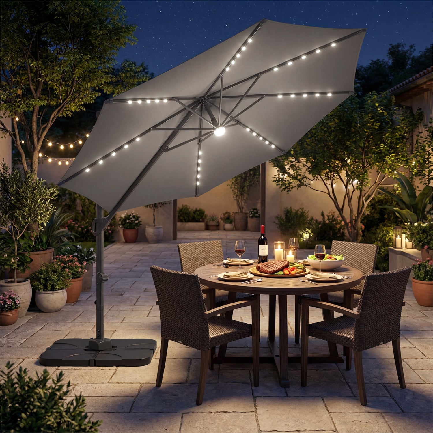 Beige 10-foot cantilever patio umbrella with solar LED lights and heavy base for outdoor shade by Wilsons Home Store