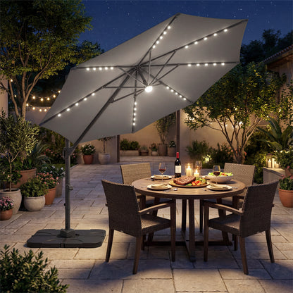 Beige 10-foot cantilever patio umbrella with solar LED lights and heavy base for outdoor shade by Wilsons Home Store