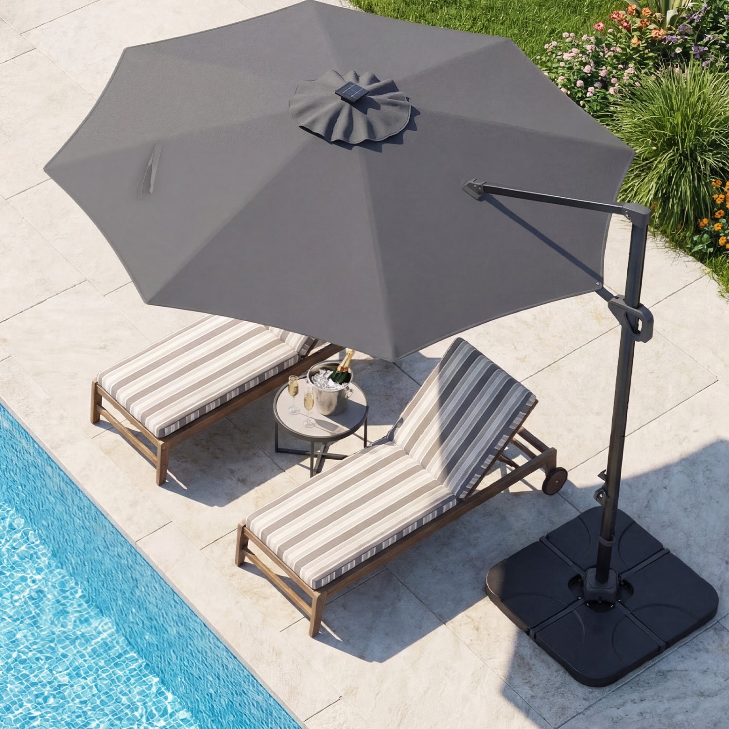 Beige 10 ft cantilever patio umbrella with solar LED lights and heavy base, ideal for outdoor shade and sun protection.