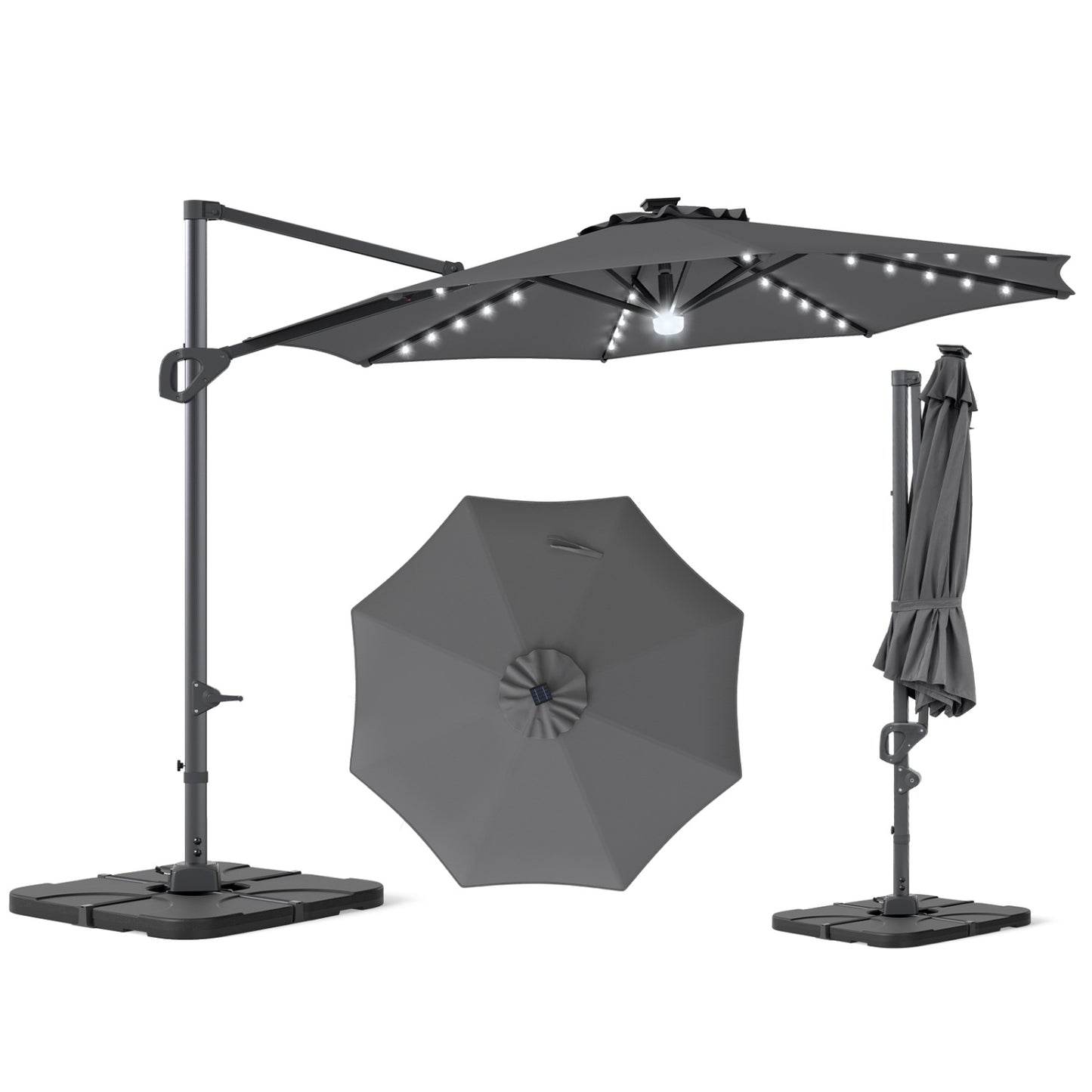 Beige 10 ft cantilever patio umbrella with 35 solar LED lights and 220 lbs base, outdoor shade from Wilsons Home Store.