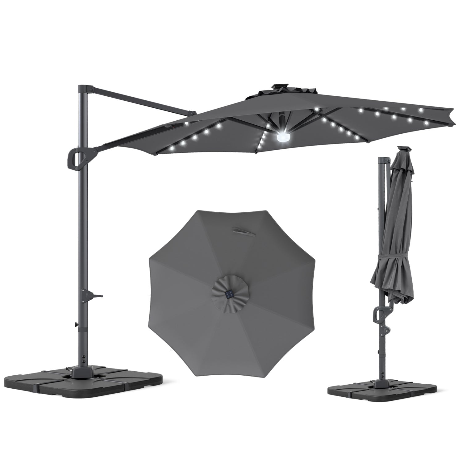 Beige 10 ft cantilever patio umbrella with 35 solar LED lights and 220 lbs base, outdoor shade from Wilsons Home Store.