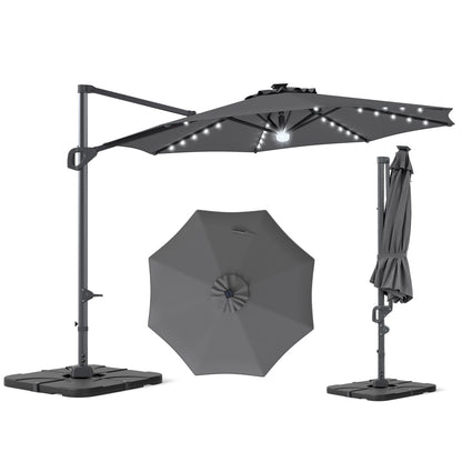 Beige 10 ft cantilever patio umbrella with 35 solar LED lights and 220 lbs base, outdoor shade from Wilsons Home Store.
