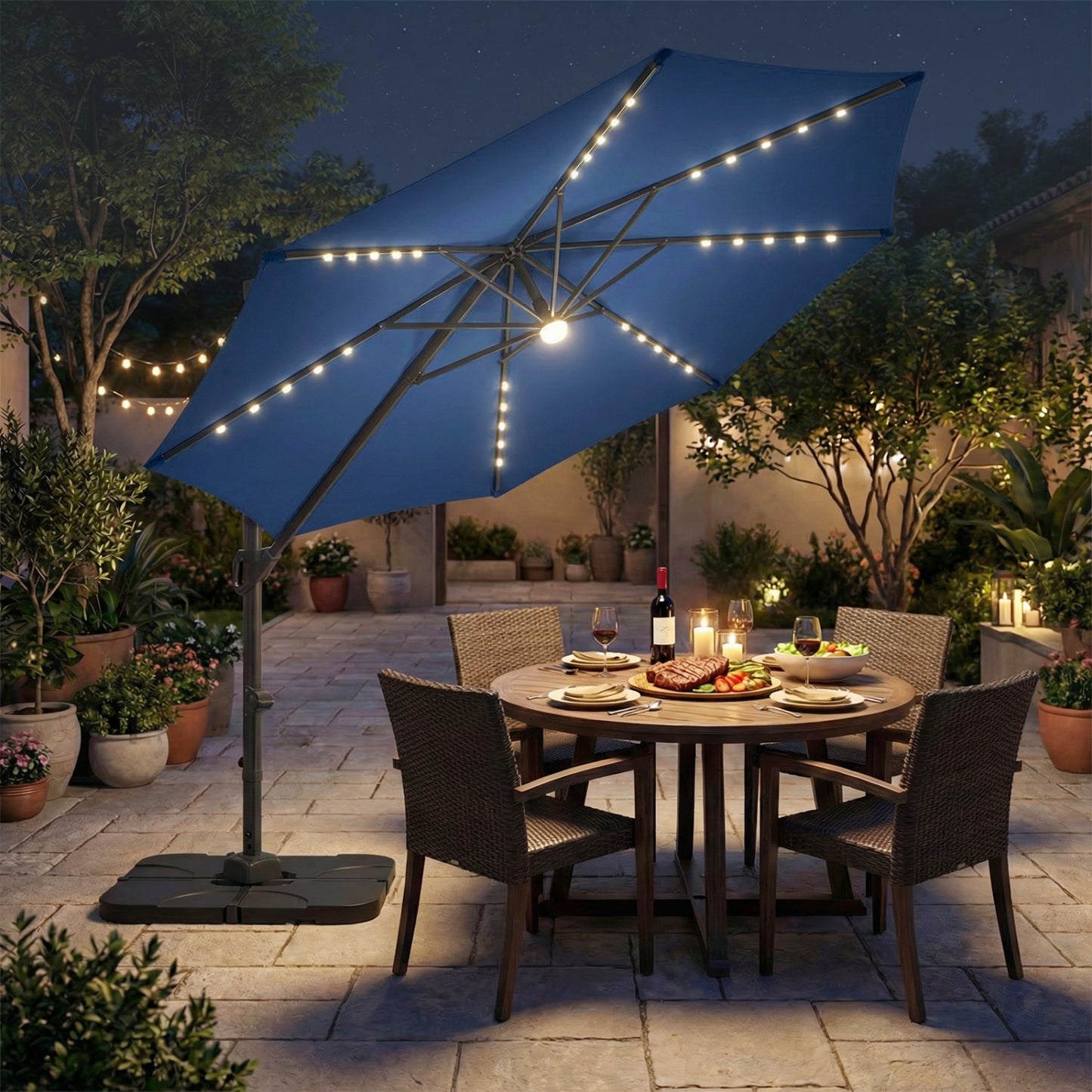 10 ft beige cantilever patio umbrella with 35 solar LED lights and 220 lbs base, outdoor shade by Wilsons Home Store
