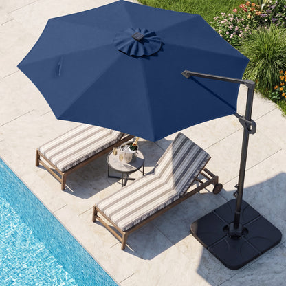 Beige 10 ft cantilever patio umbrella with solar LED lights and heavy 220 lbs base, perfect for outdoor shading.