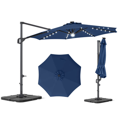 Beige 10 ft cantilever patio umbrella with solar LED lights and heavy 220 lbs base for outdoor shade and weather protection.
