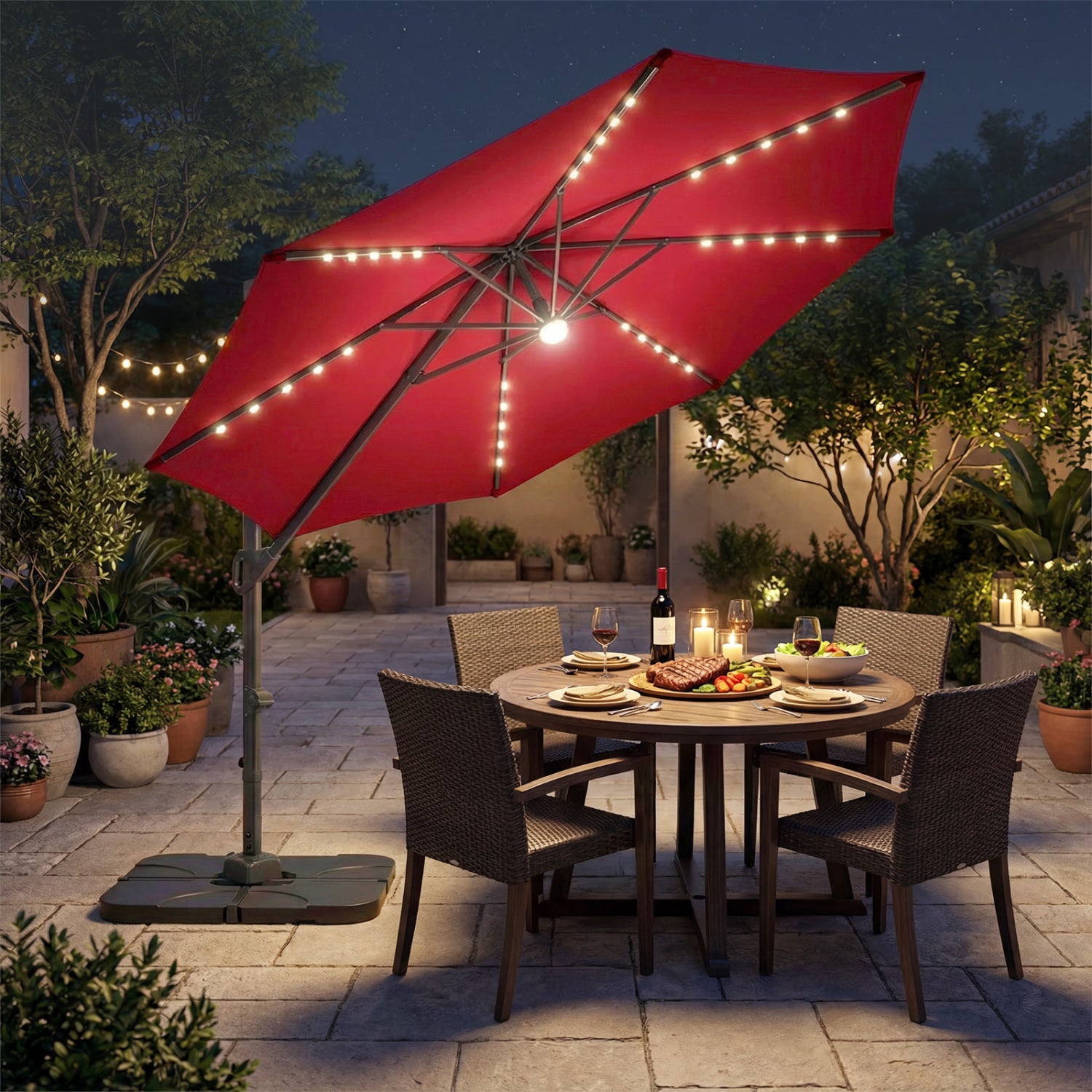 Beige 10 ft cantilever patio umbrella with solar LED lights and heavy 220 lbs base for outdoor shade and sun protection.