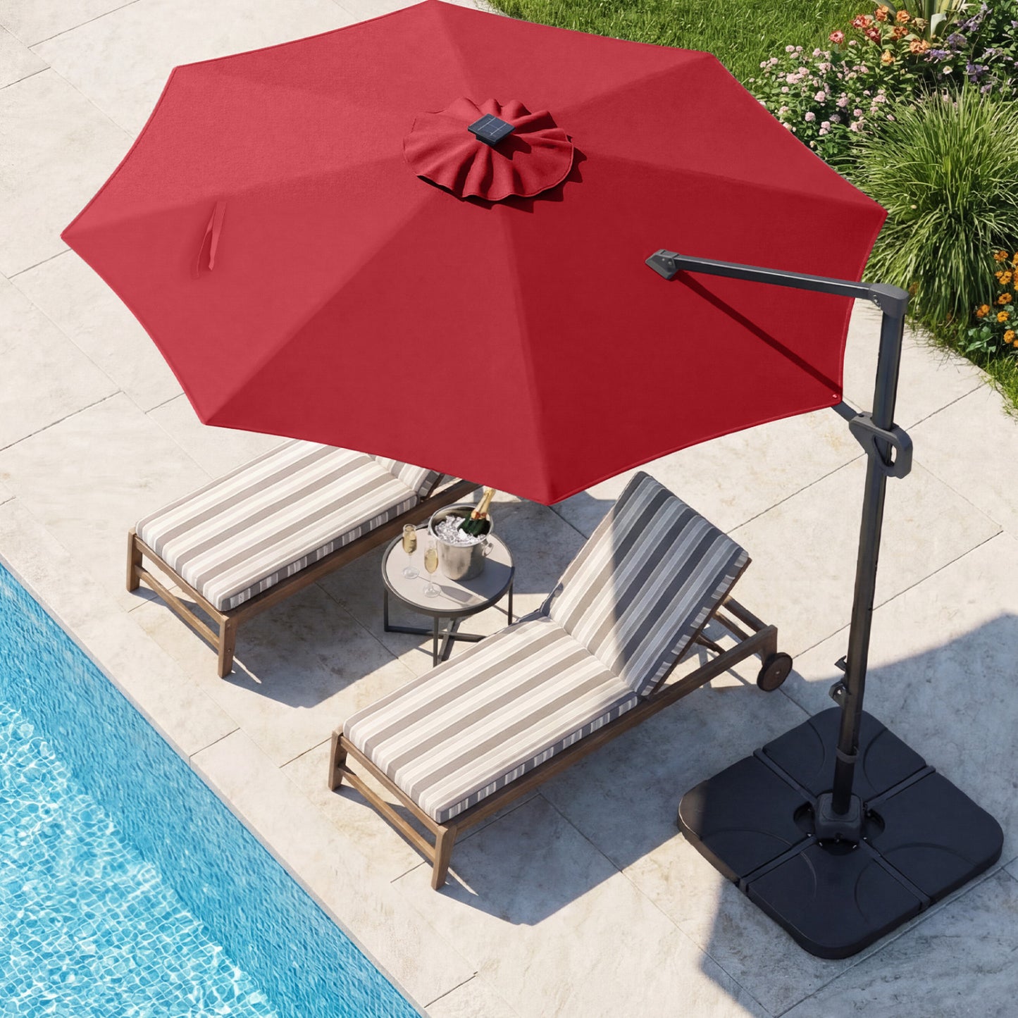 10 ft beige cantilever patio umbrella from Wilsons Home Store with solar LED lights and 220 lbs base for outdoor shade.