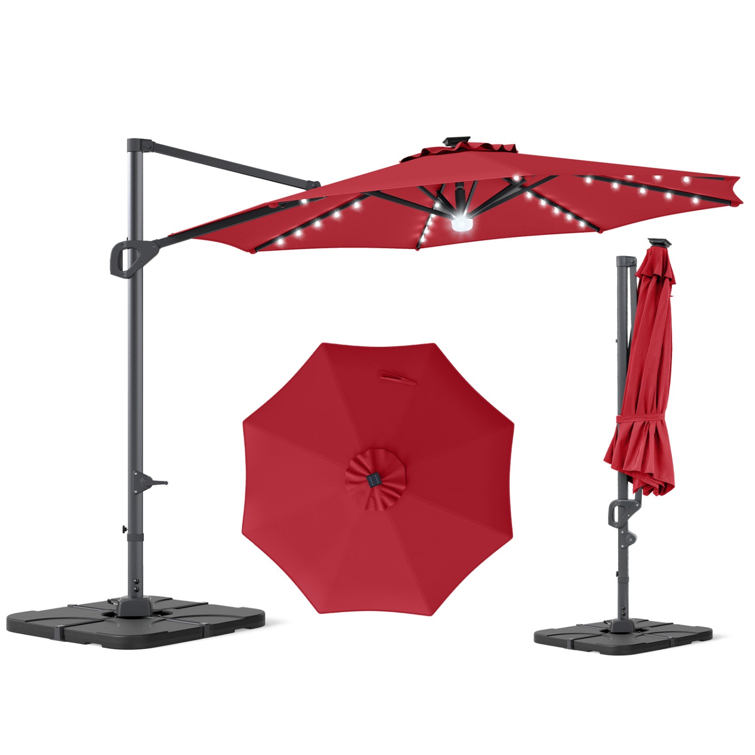 Beige 10 ft cantilever patio umbrella with solar LED lights and heavy base, outdoor umbrella for shade and ambiance.