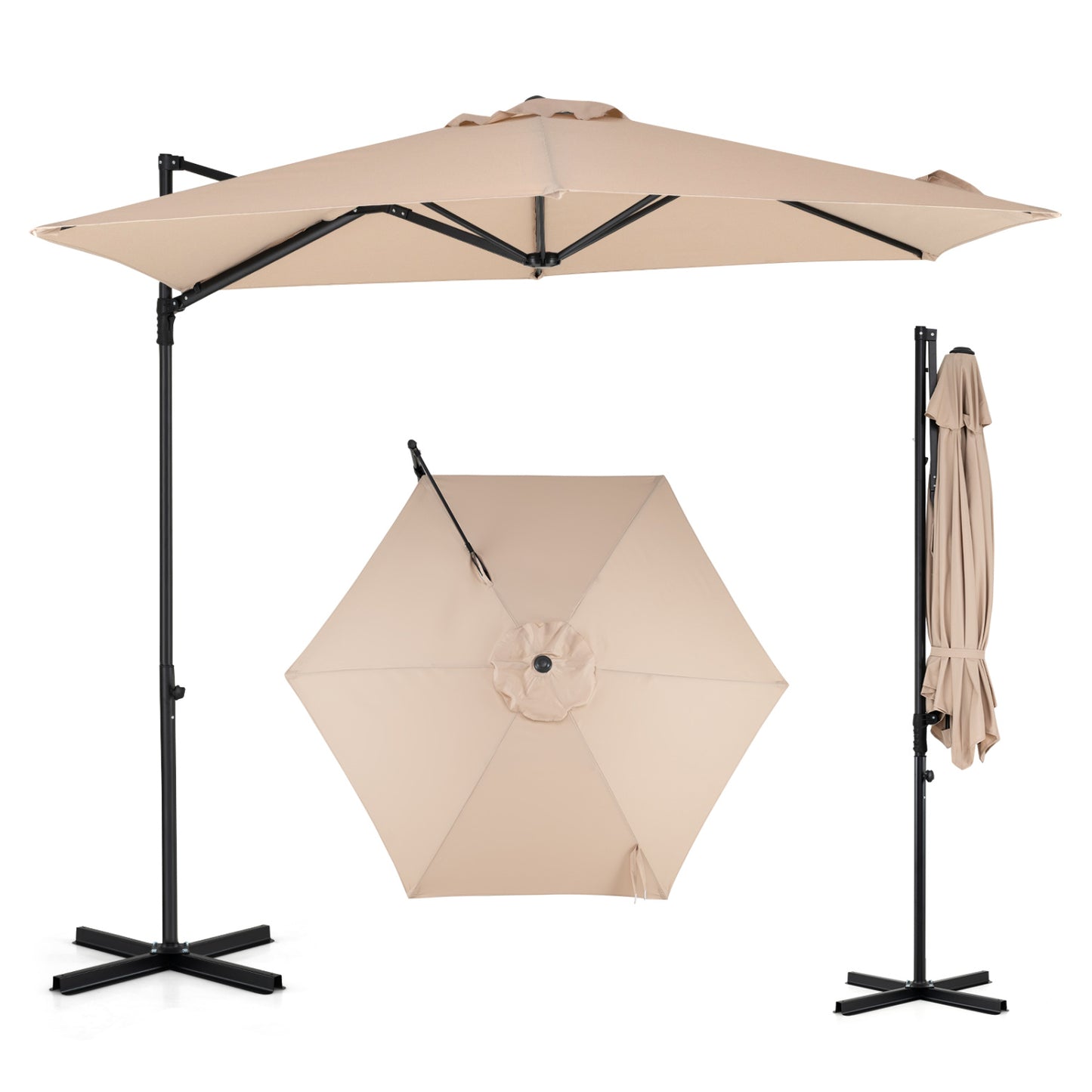 Beige 10 ft cantilever patio umbrella with 360° rotation, outdoor shade from Wilsons Home Store, suitable for garden use.