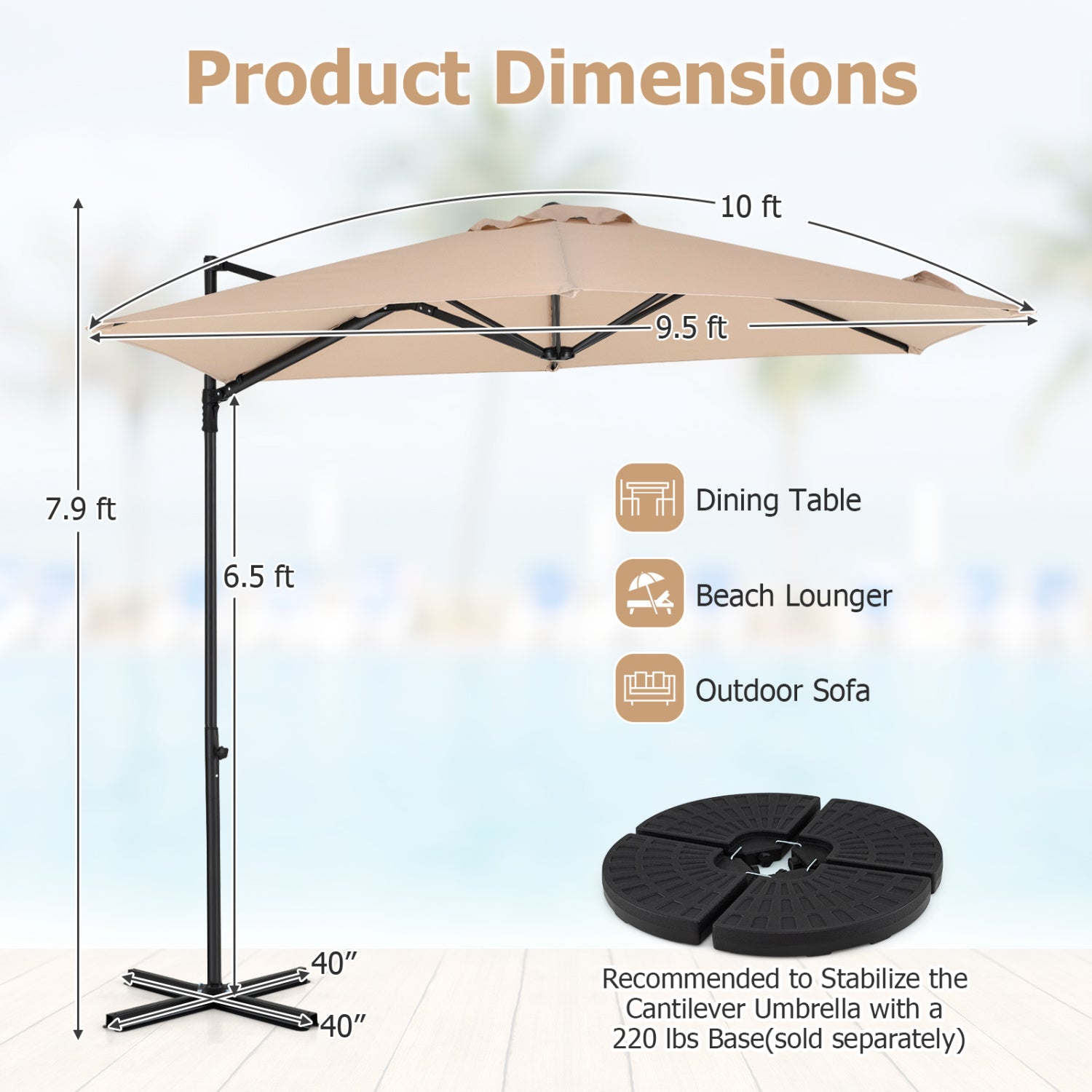 Beige 10 ft cantilever patio umbrella with 360° rotation, outdoor shade for garden, by Wilsons Home Store.