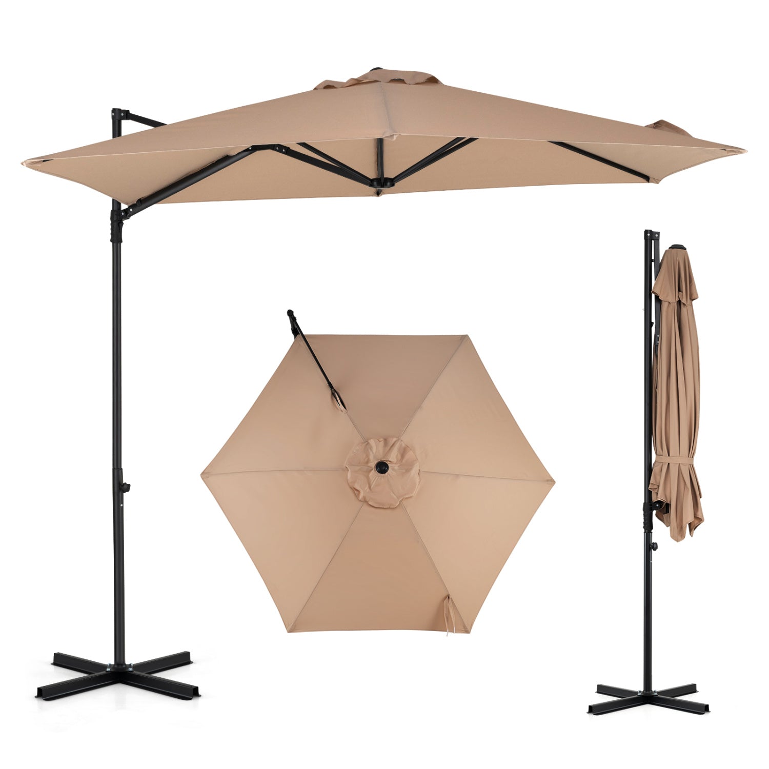Beige 10 ft cantilever patio umbrella with a 360° rotation, outdoor shade for garden, by Wilsons Home Store.
