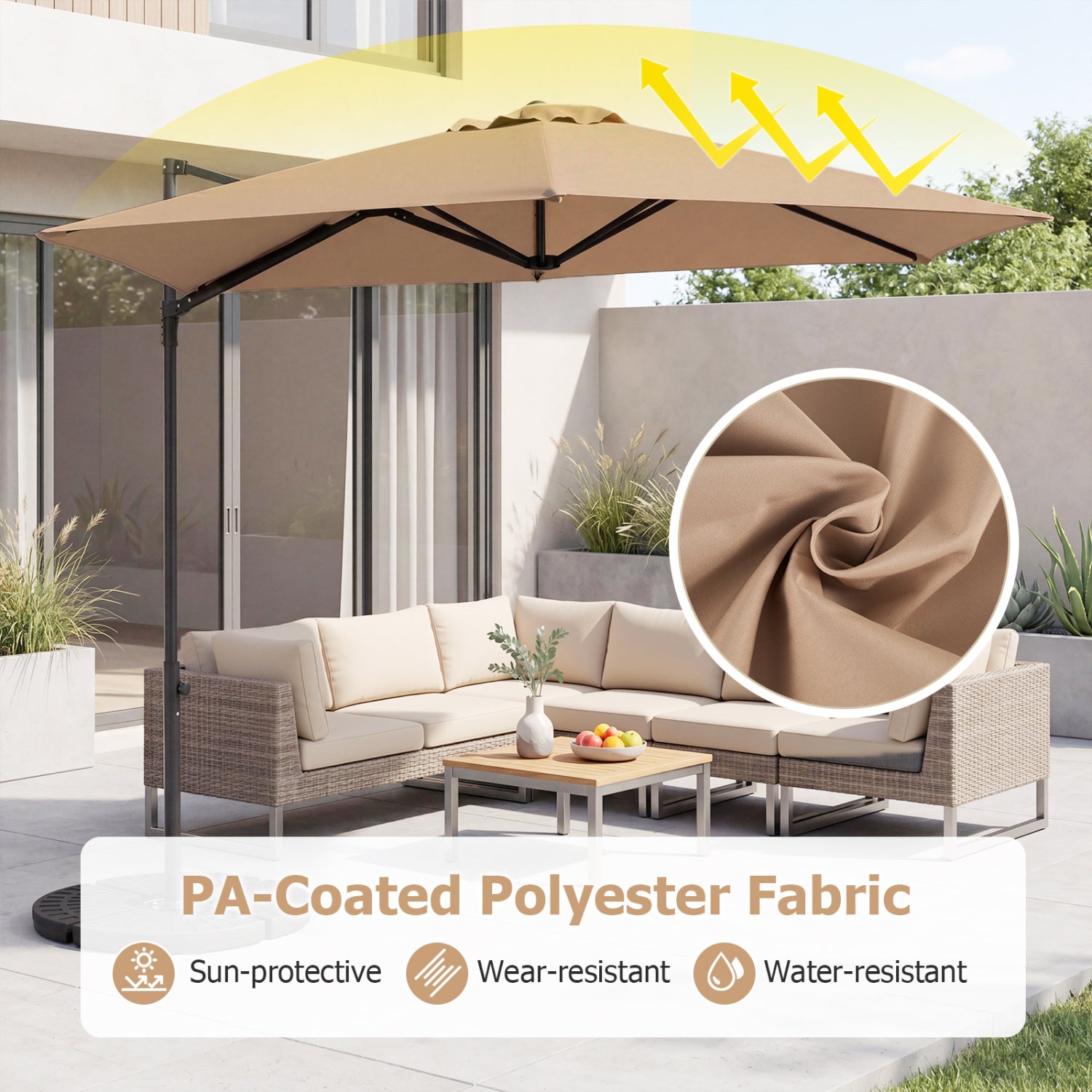 Beige 10 ft cantilever patio umbrella with 360° rotation, outdoor shade by Wilsons Home Store, ideal for garden outdoor spaces.