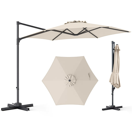 10 FT Patio Cantilever Umbrella with 360° Rotation and Air Vent for Backyard and Poolside-Beige
