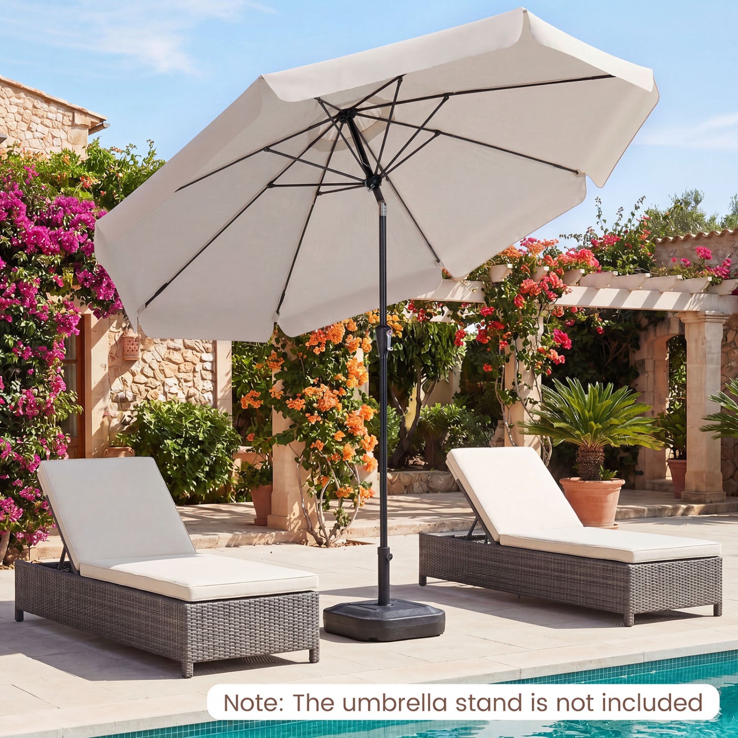 Beige 10 ft scalloped patio umbrella with push button tilt and 8 fiberglass ribs for outdoor shade.