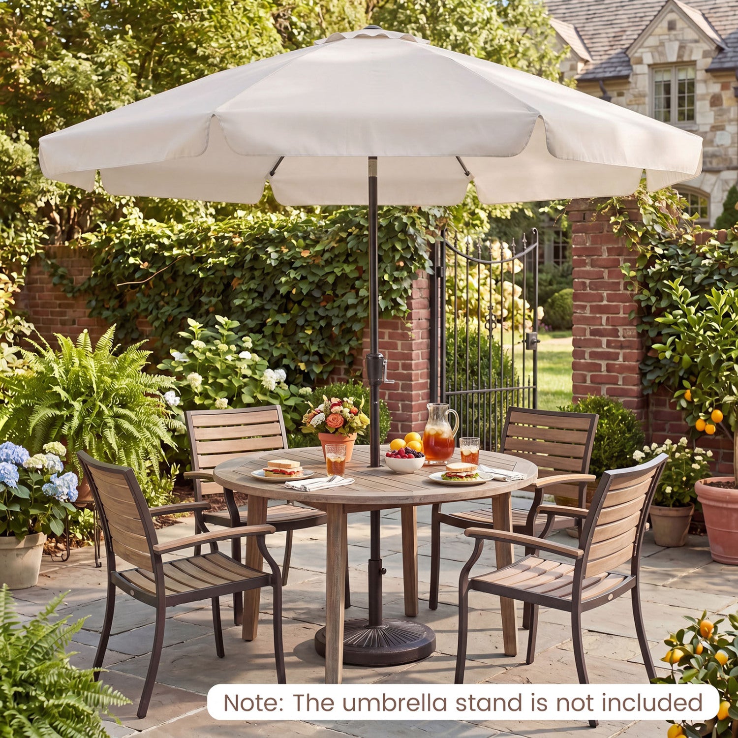 Beige 10 ft scalloped patio umbrella with push button tilt and 8 fiberglass ribs, designed for outdoor shade.