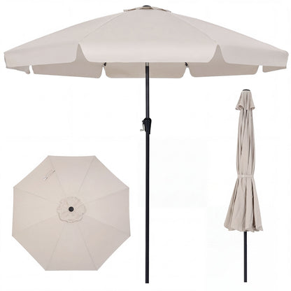 Beige 10 ft scalloped patio umbrella with push button tilt and 8 fiberglass ribs for outdoor shade.