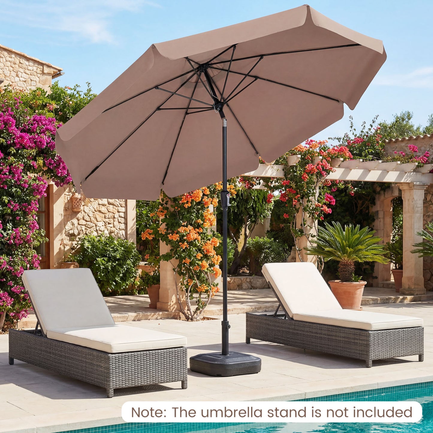 Beige 10 ft scalloped patio umbrella with push button tilt and 8 fiberglass ribs, perfect for outdoor shade.