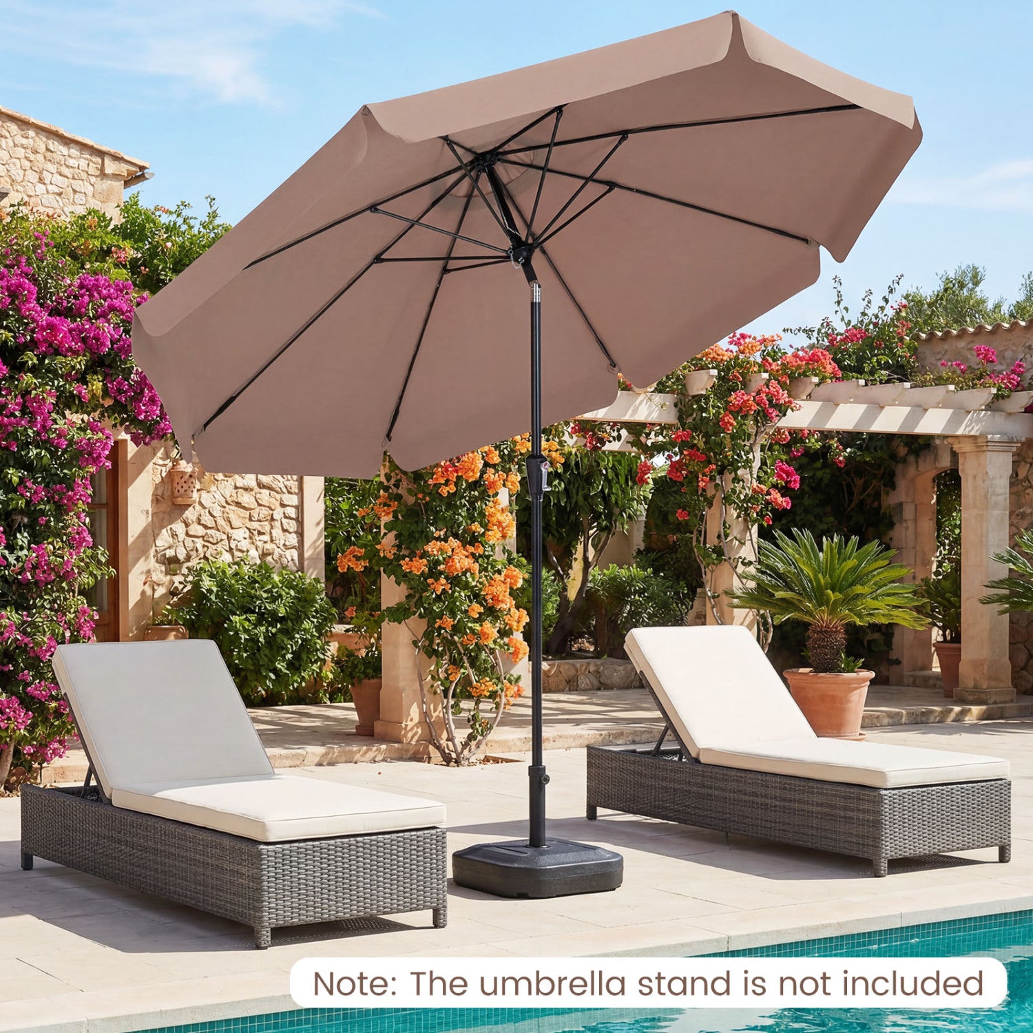Beige 10 ft scalloped patio umbrella with push button tilt and 8 fiberglass ribs, perfect for outdoor shade.