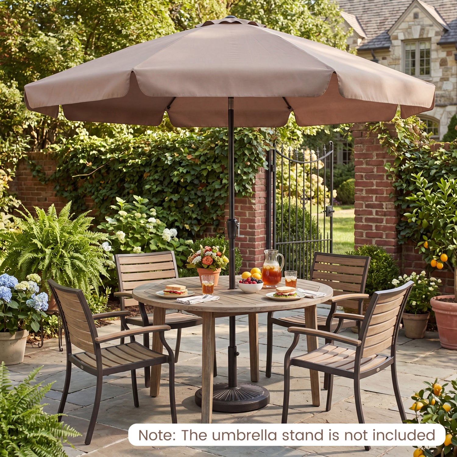 Beige 10 ft scalloped patio umbrella with push button tilt and 8 fiberglass ribs, outdoor shade by Wilsons Home Store