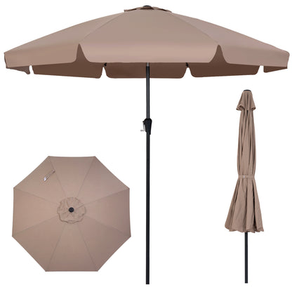Beige 10 ft scalloped patio umbrella with push button tilt and 8 fiberglass ribs for outdoor shade.