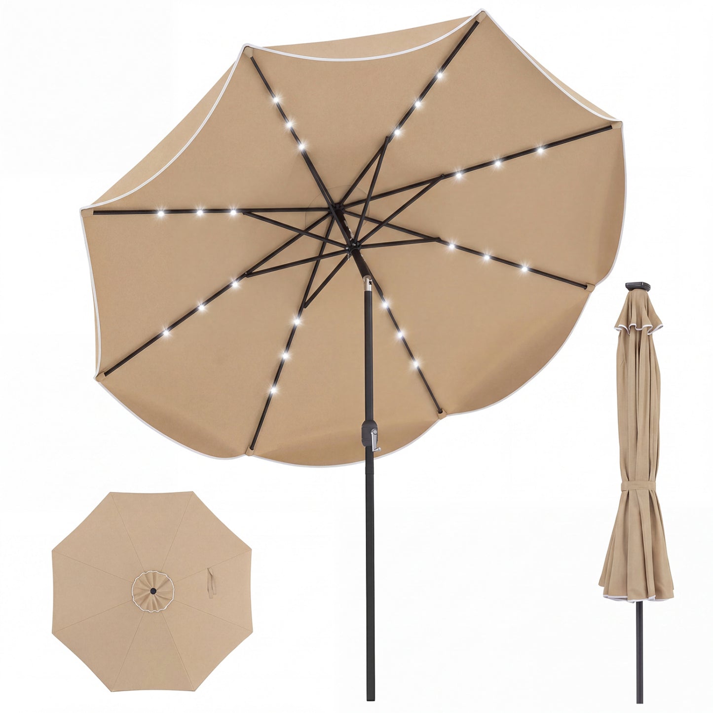 10 FT Scalloped Solar Patio Umbrella with 24 LED Lights and Tilt Adjustment-Beige