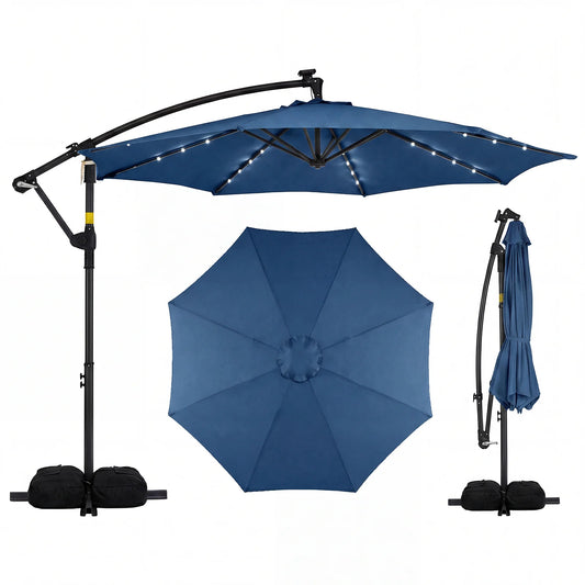 10 FT Solar LED Offset Cantilever Patio Umbrella Hanging Outdoor Market Umbrella-Navy