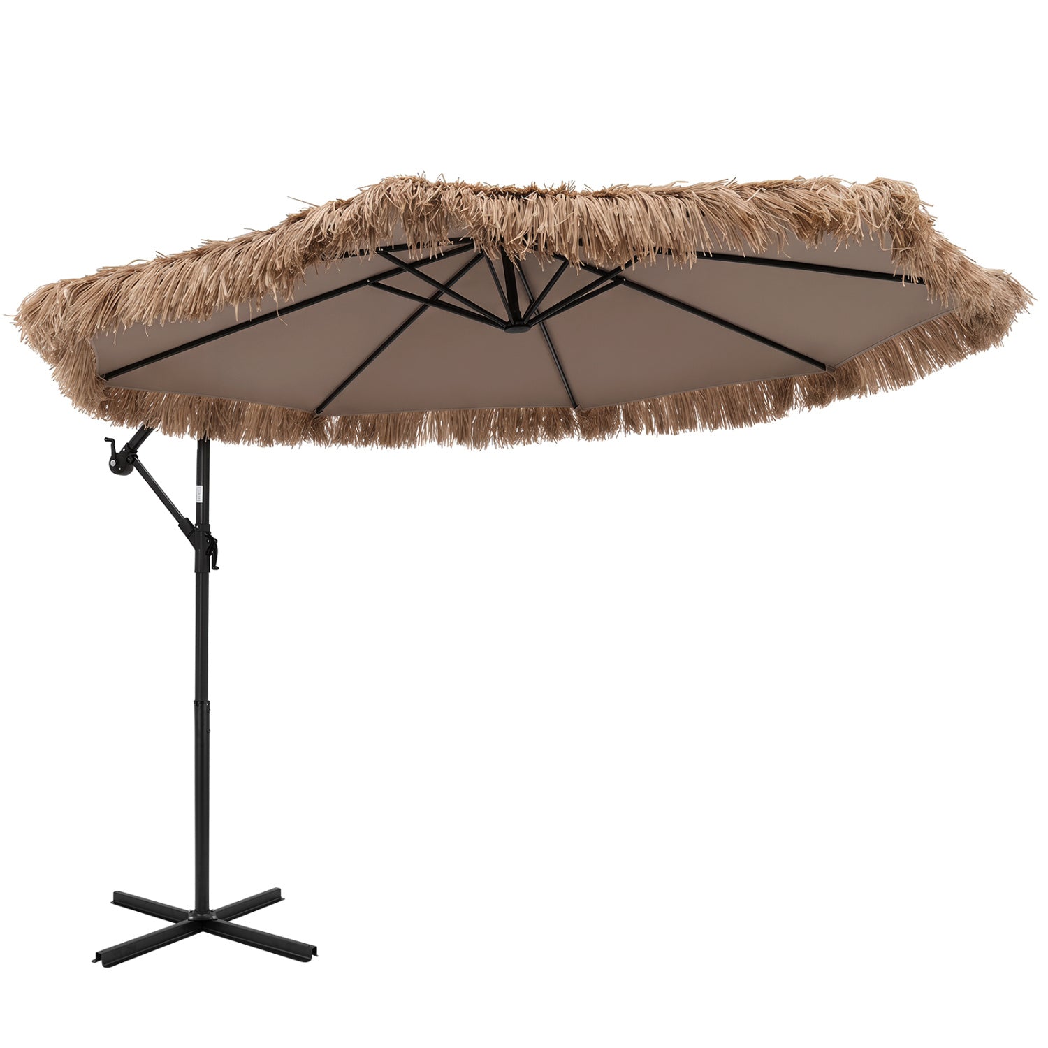 10 ft solar thatched cantilever outdoor umbrella with crank lift and 12 lighting modes in brown, perfect for shaded outdoor spaces