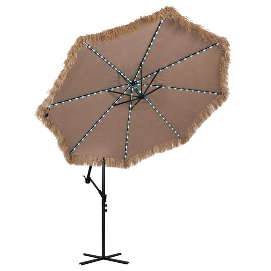 10 ft solar thatched cantilever umbrella with 96 multi-color flowing lights and 12 modes in brown for outdoor shade.