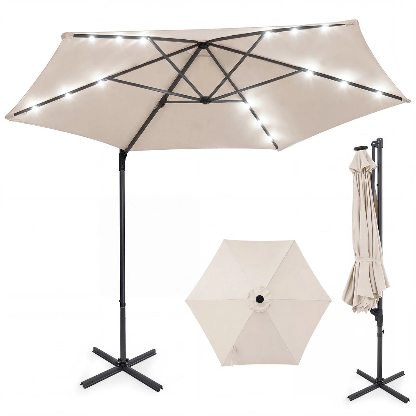 10 Feet Patio Cantilever Umbrella with Solar LED Lights-Beige