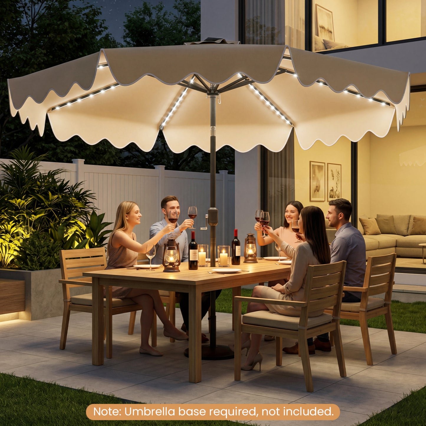 Beige 10-foot solar patio umbrella with color-changing LED lights, outdoor umbrella for shade and ambiance.