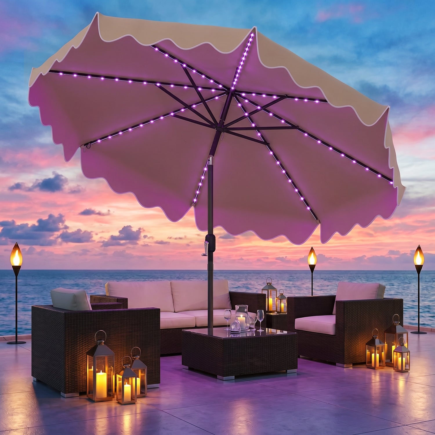 10-foot beige solar patio umbrella with color-changing LED lights, outdoor shade with sturdy frame and fabric canopy.