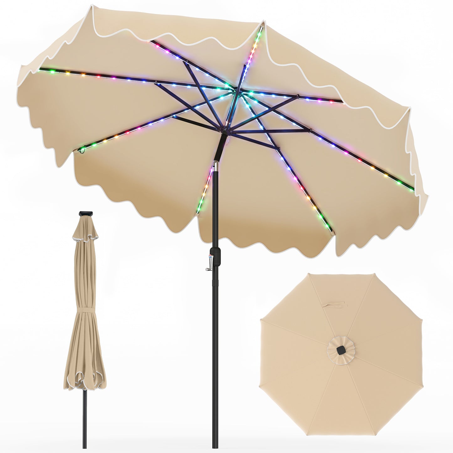Beige 10-foot solar patio umbrella with color-changing LED lights, outdoor shade for garden or patio areas.