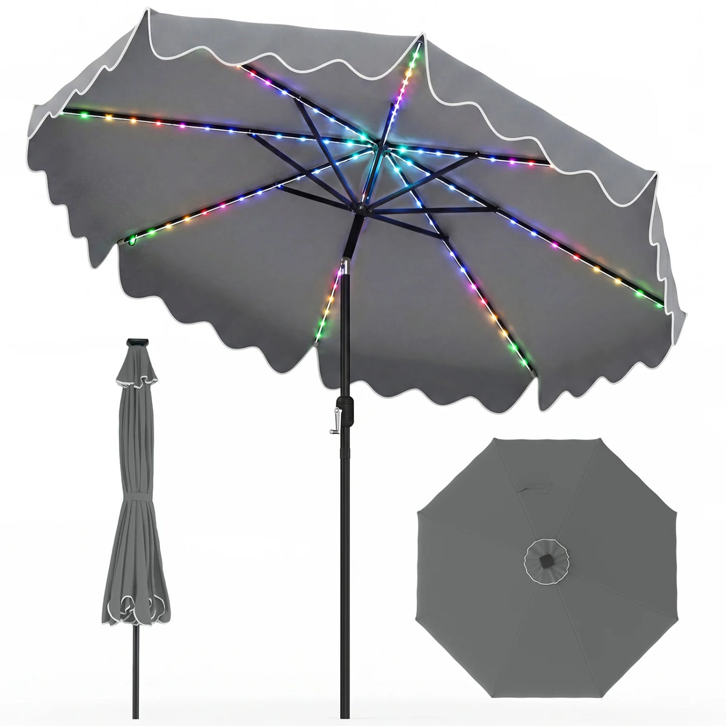 10-foot solar patio umbrella with beige fabric and color-changing LED lights, perfect for outdoor shade and entertaining.