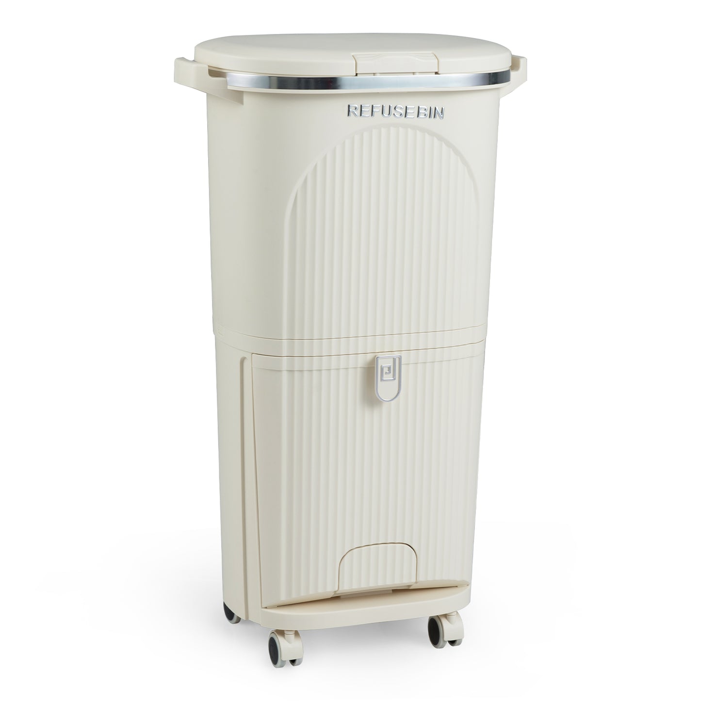 10 Gallon Kitchen Trash Can Double-Layer with Lid and 2 Removable Buckets-Beige