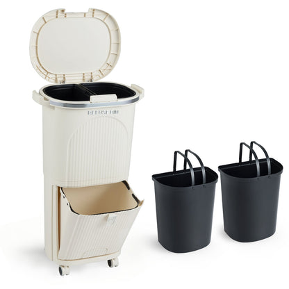 10 Gallon Kitchen Trash Can Double-Layer with Lid and 2 Removable Buckets-Beige