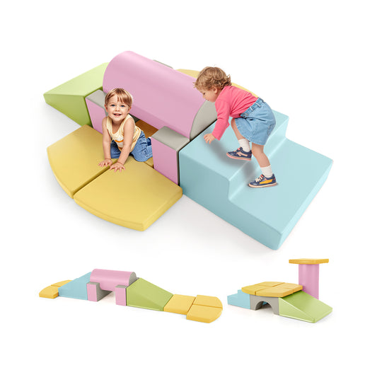10-piece foam climbing toy set for toddlers with soft foam and PU leather in yellow, ideal for indoor play and building fun.