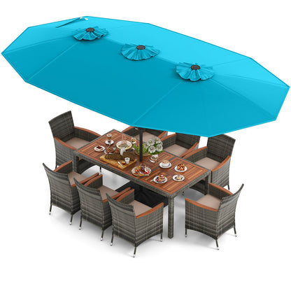 10 Pieces Patio Wicker Dining Set with 15 Feet Double-Sided Patio Umbrella-Beige
