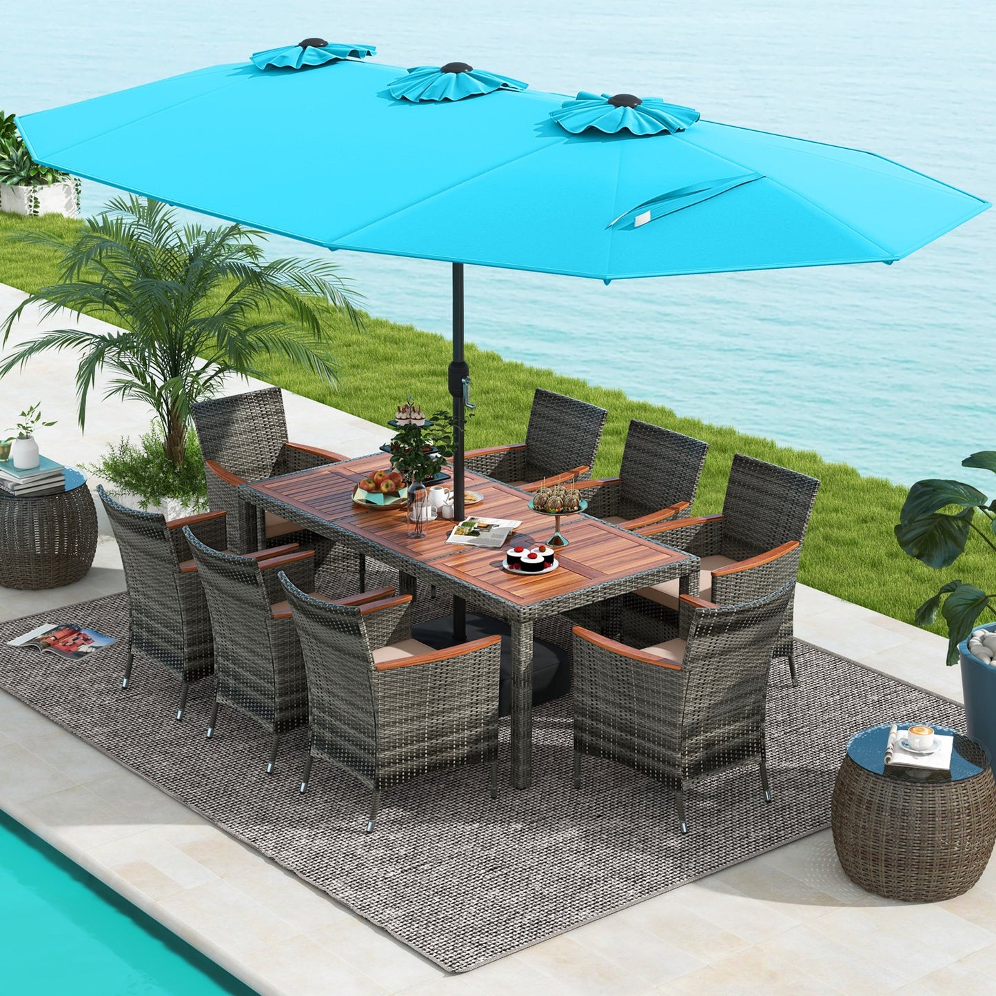 10 Pieces Patio Wicker Dining Set with 15 Feet Double-Sided Patio Umbrella-Beige