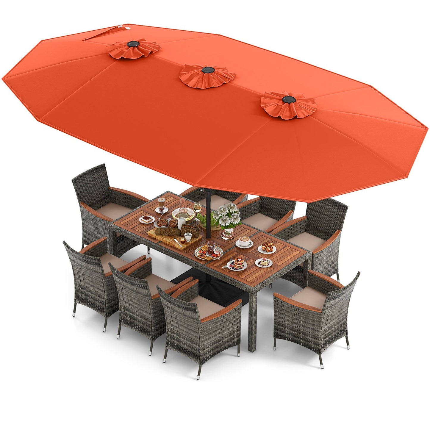 10 Pieces Patio Wicker Dining Set with 15 Feet Double-Sided Patio Umbrella-Beige