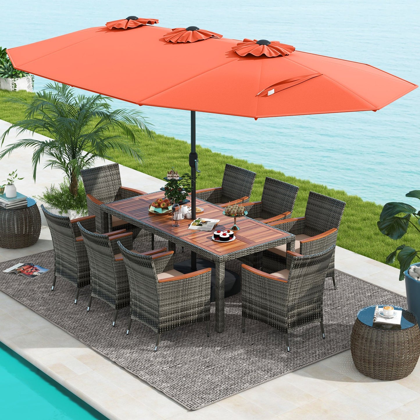 10 Pieces Patio Wicker Dining Set with 15 Feet Double-Sided Patio Umbrella-Beige