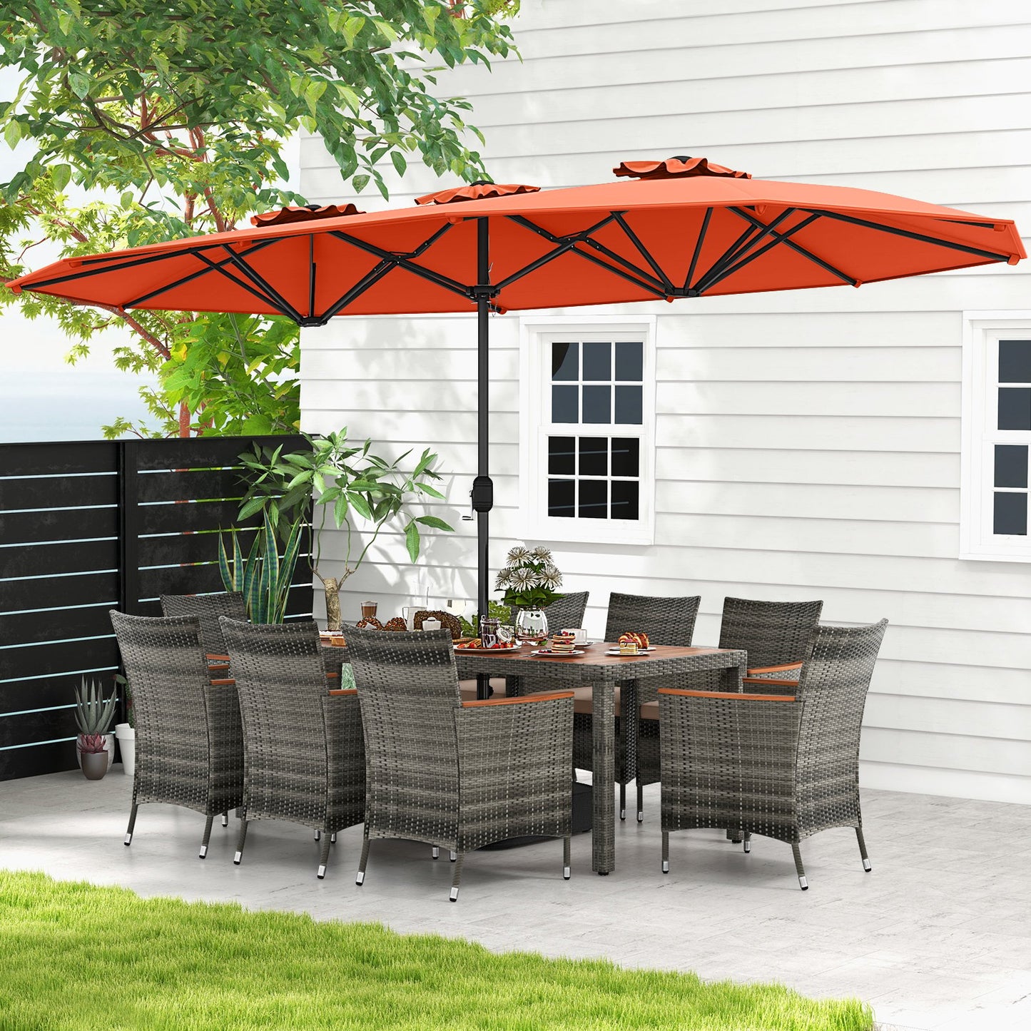 10 Pieces Patio Wicker Dining Set with 15 Feet Double-Sided Patio Umbrella-Beige