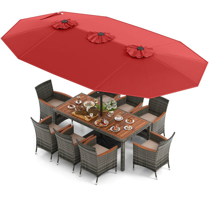 10 Pieces Patio Wicker Dining Set with 15 Feet Double-Sided Patio Umbrella-Beige