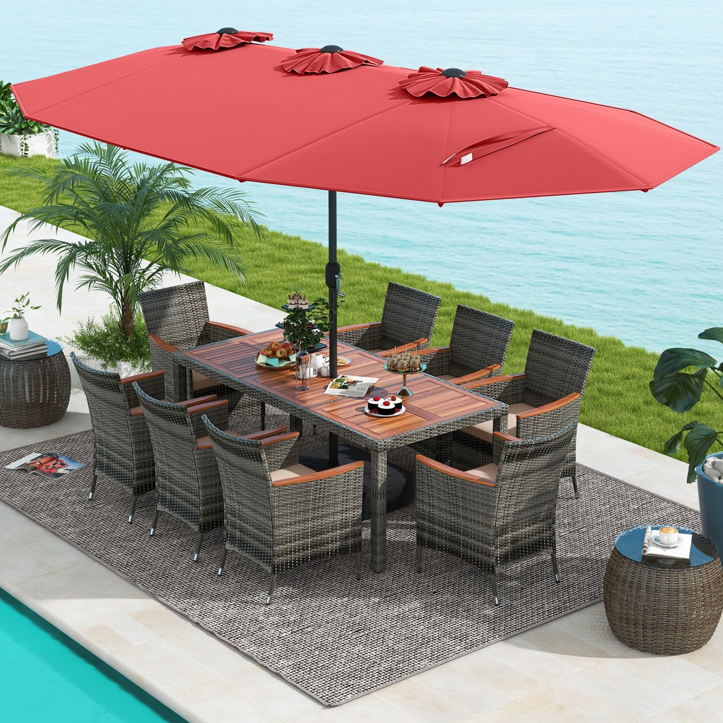 10 Pieces Patio Wicker Dining Set with 15 Feet Double-Sided Patio Umbrella-Beige