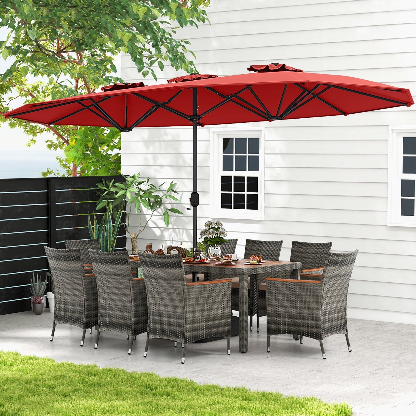 10 Pieces Patio Wicker Dining Set with 15 Feet Double-Sided Patio Umbrella-Beige