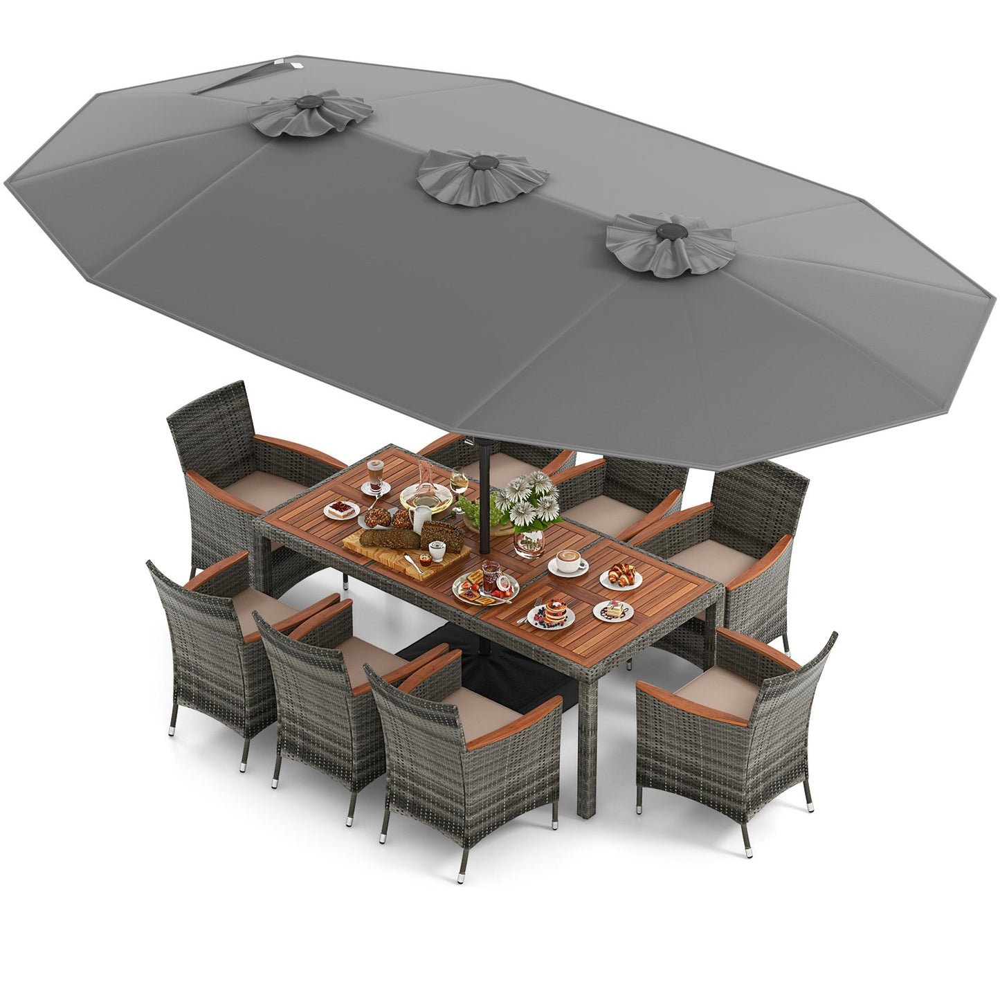 10 Pieces Patio Wicker Dining Set with 15 Feet Double-Sided Patio Umbrella-Beige