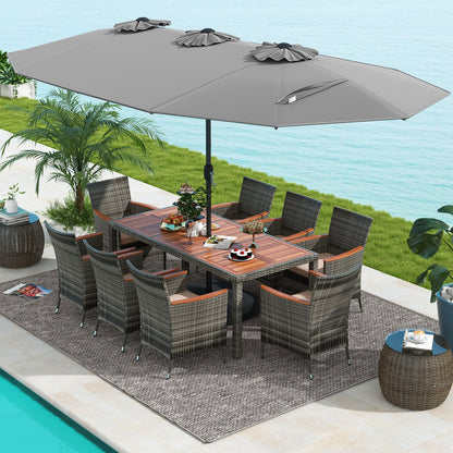 10 Pieces Patio Wicker Dining Set with 15 Feet Double-Sided Patio Umbrella-Beige