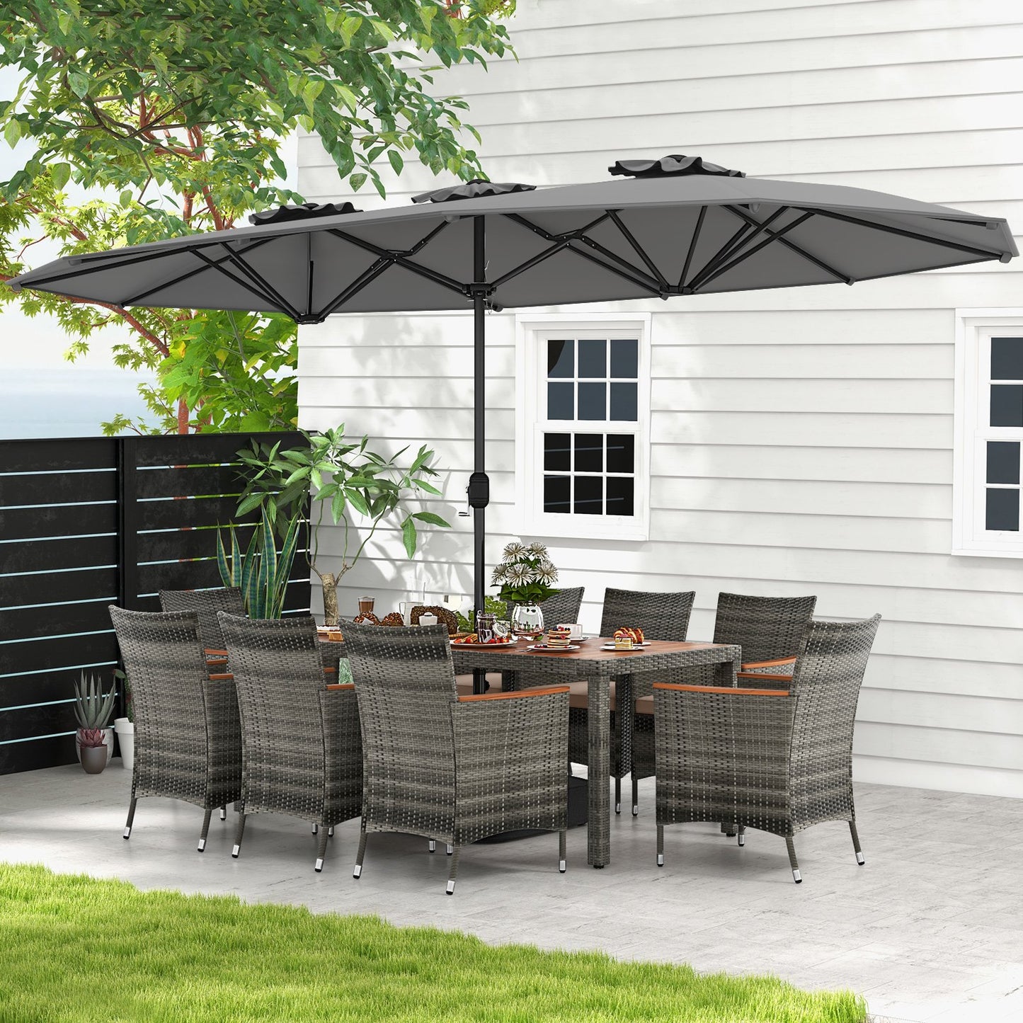 10 Pieces Patio Wicker Dining Set with 15 Feet Double-Sided Patio Umbrella-Beige