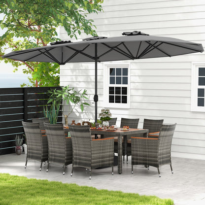 10 Pieces Patio Wicker Dining Set with 15 Feet Double-Sided Patio Umbrella-Beige